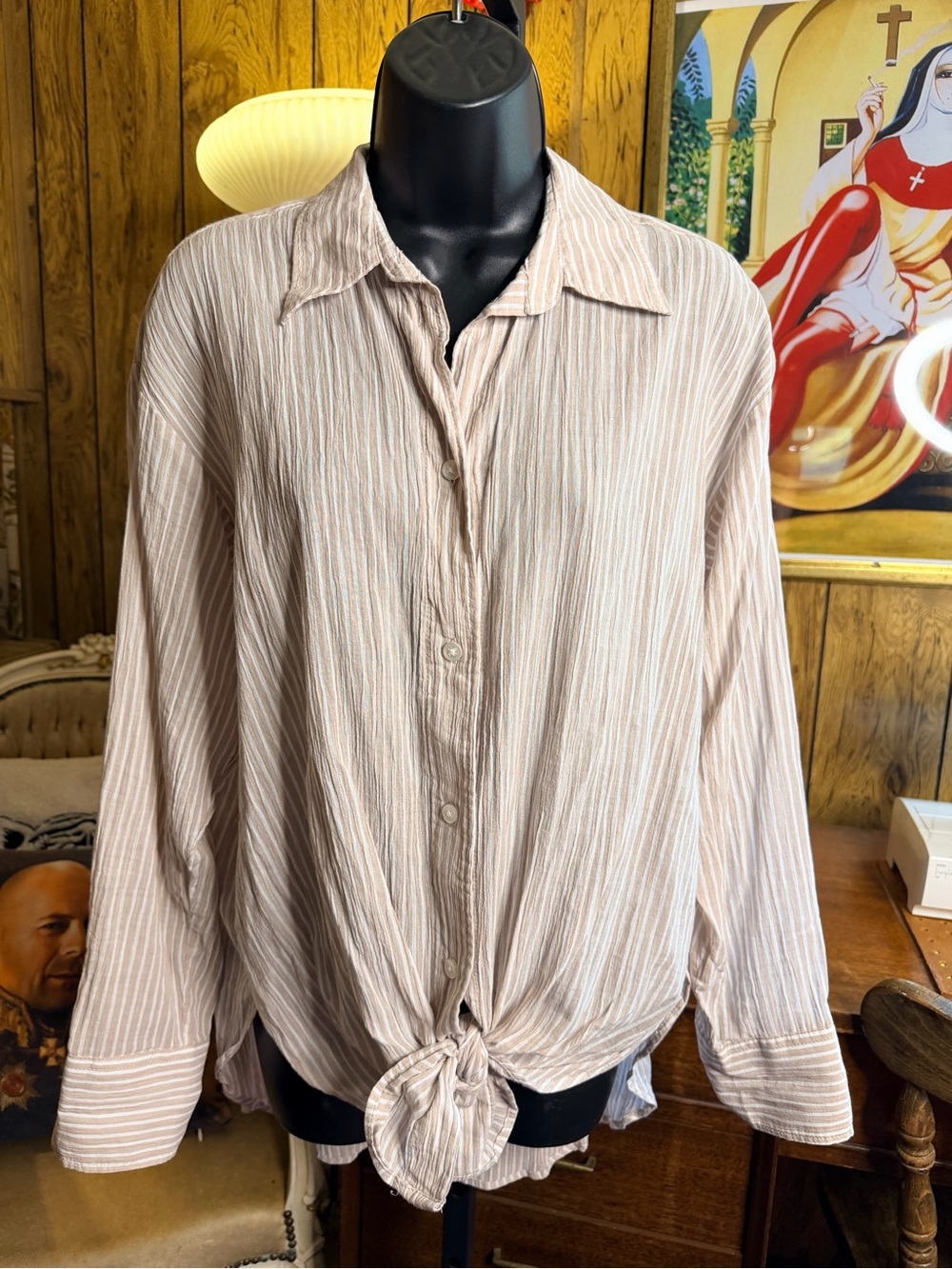 H&M Blush Beige Striped Tie-Front Button-Down Shirt
